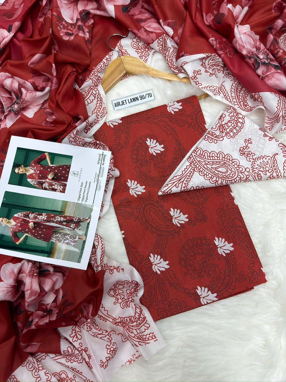 Sapphire — Brick Red Paisley Printed Lawn 3pc | Airjet Lawn 90/88
